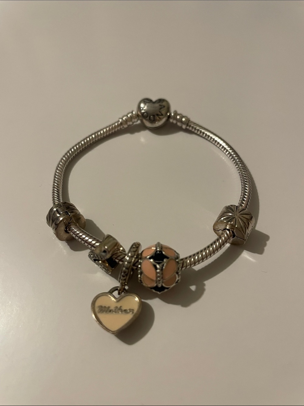 Pandora Silver Bracelet with Pink and Cream Enamel Charm